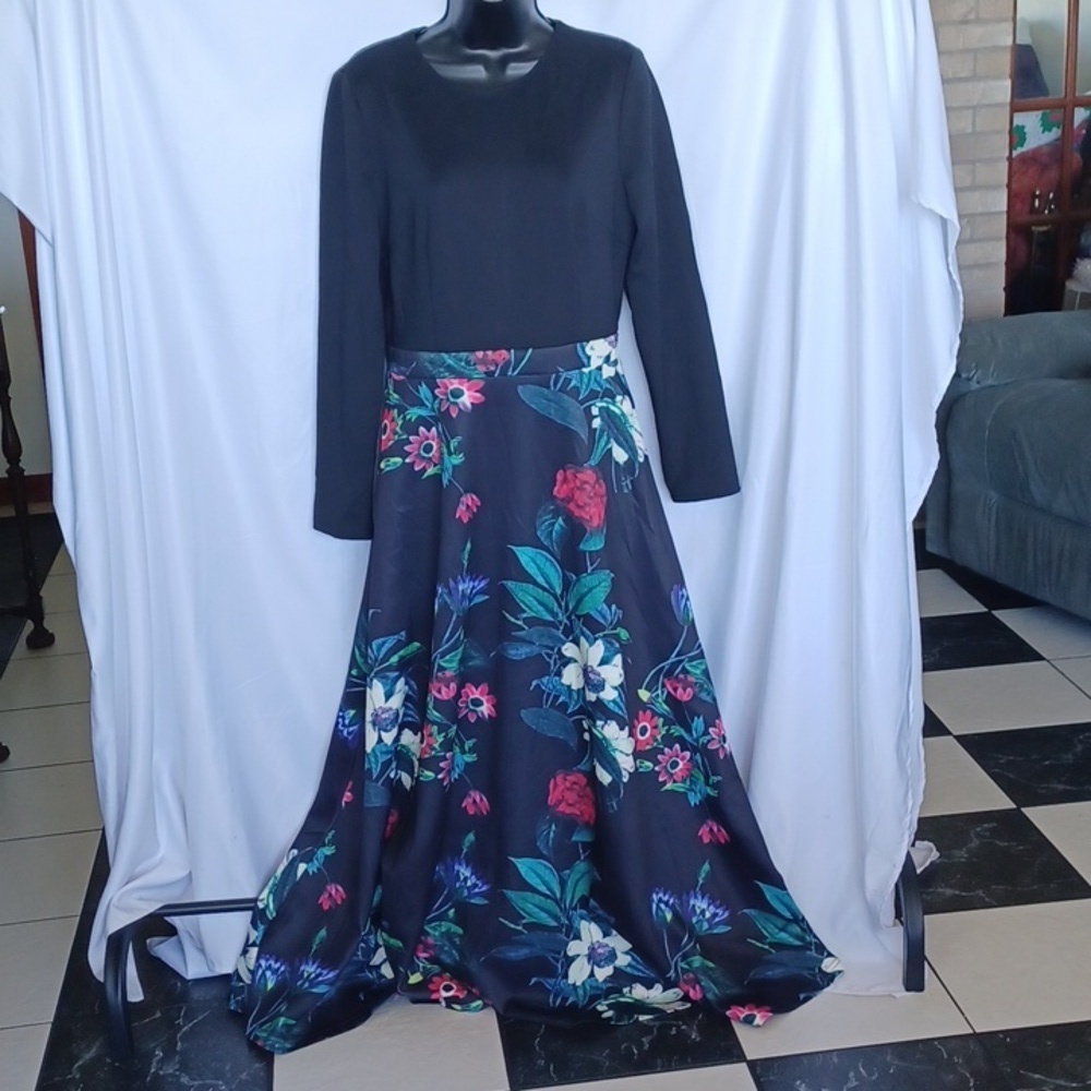 Stylewe maxi dress, black & floral, 18" pit to pit, sz M (tag says Xl)